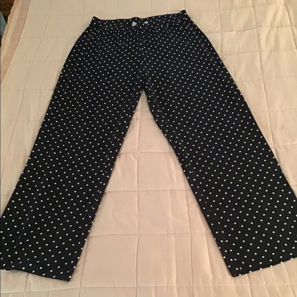 Navy and white polka dot wide leg pants